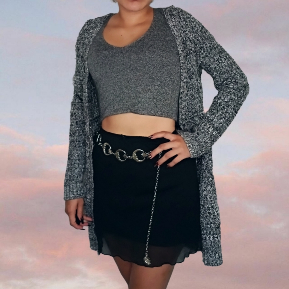 Gray, white, black speckled cardigan for Fall outfit layering